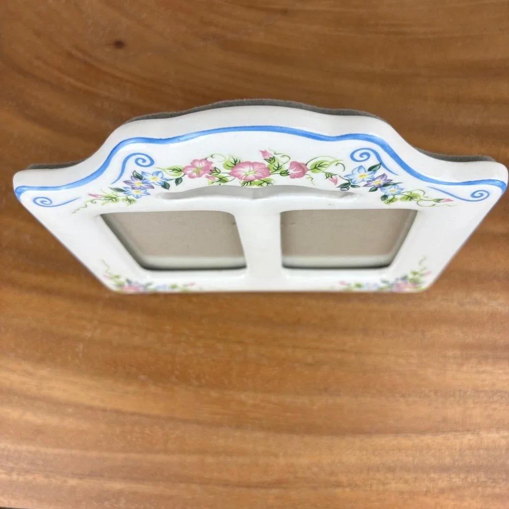 Vintage Ceramic Double Picture Frame Blue Pink Floral Cottagecore Easel Back